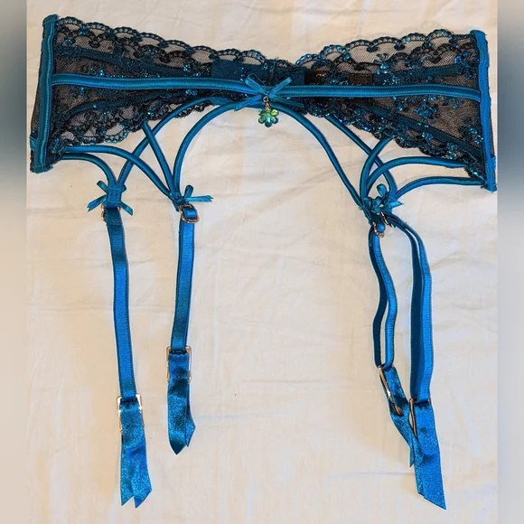 Honey Birdette | Intimates & Sleepwear | Honey Birdette Sassy K Metallic  Blue Garter Belt Xs | Poshmark